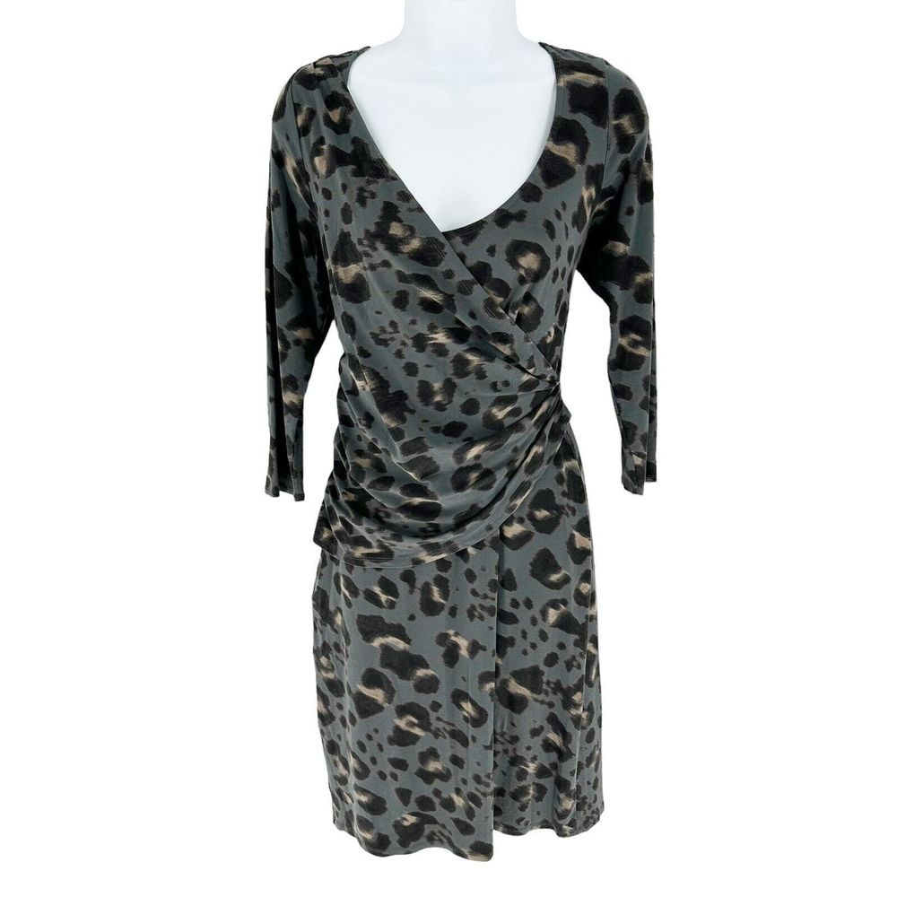 Ann Taylor Dress Womens Medium Gray Animal Print Faux Wrap Jersey Stretch Knit